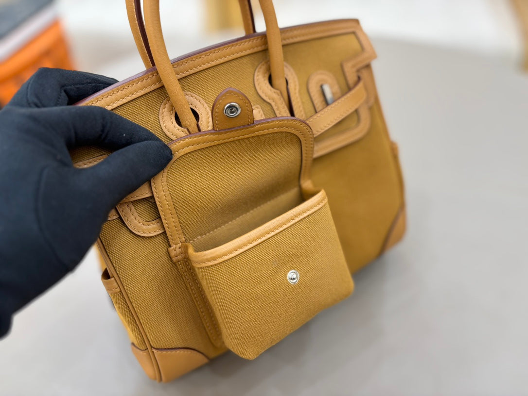 HM 25S BIRKIN CARGO 25 CM IN CARAMEL BROWN CANVAS AND SWIFT WITH SILVER HARDWARE