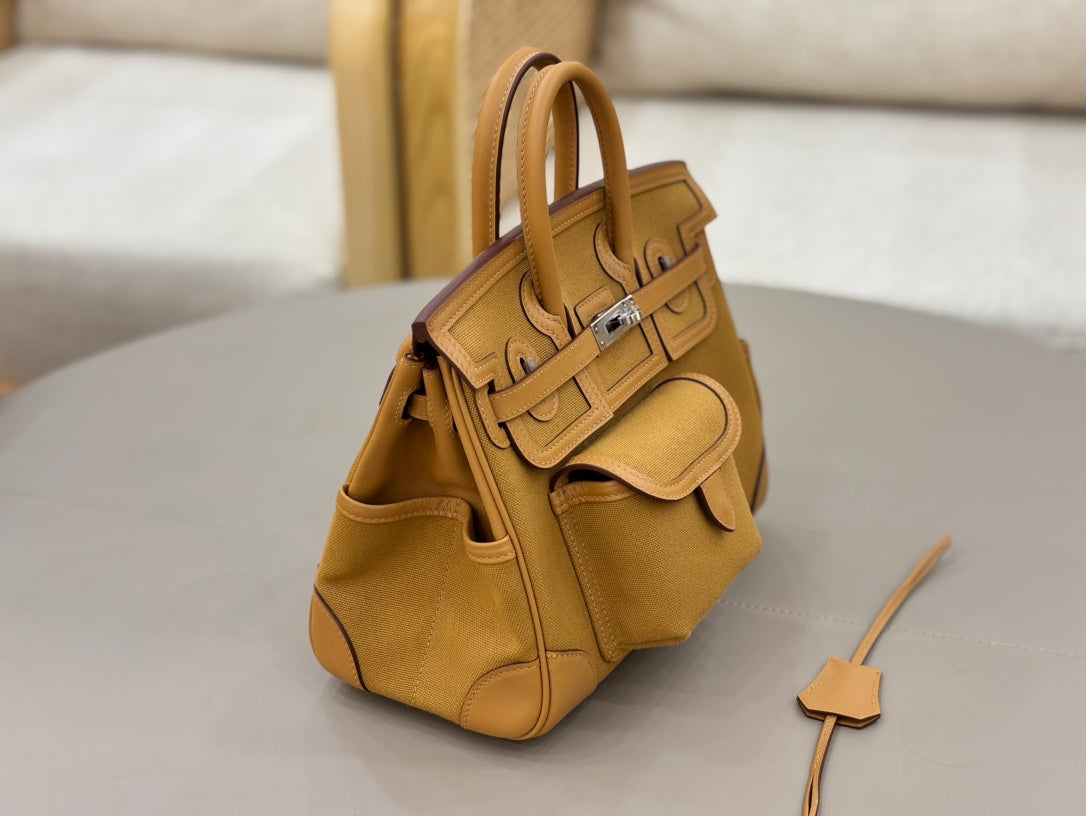 HM 25S BIRKIN CARGO 25 CM IN CARAMEL BROWN CANVAS AND SWIFT WITH SILVER HARDWARE