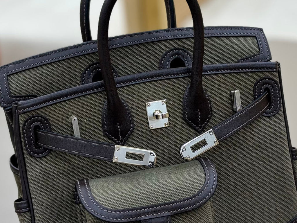 HM 25S BIRKIN CARGO 25 CM IN DARK MOSS GREEN CANVAS AND DARK BROWN SWIFT WITH SILVER HARDWARE