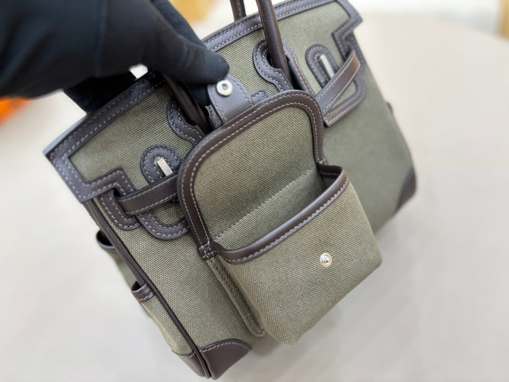 HM 25S BIRKIN CARGO 25 CM IN DARK MOSS GREEN CANVAS AND DARK BROWN SWIFT WITH SILVER HARDWARE