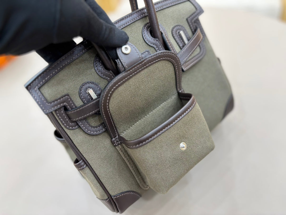 HM 25S BIRKIN CARGO 25 CM IN DARK MOSS GREEN CANVAS AND DARK BROWN SWIFT WITH SILVER HARDWARE