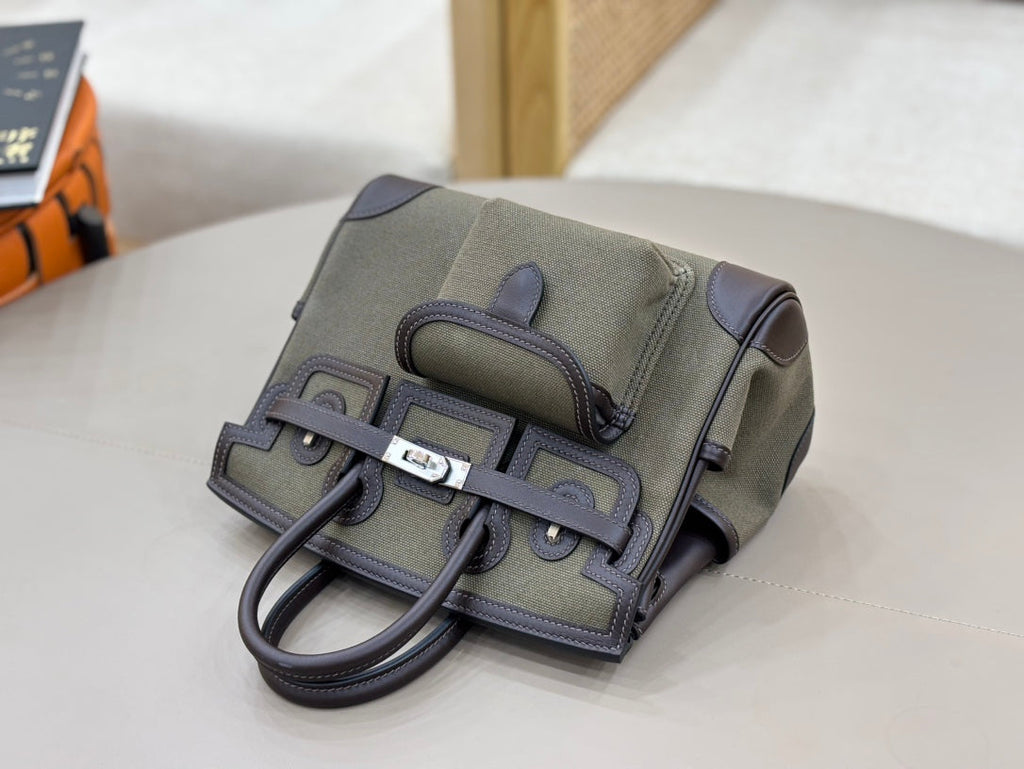 HM 25S BIRKIN CARGO 25 CM IN DARK MOSS GREEN CANVAS AND DARK BROWN SWIFT WITH SILVER HARDWARE
