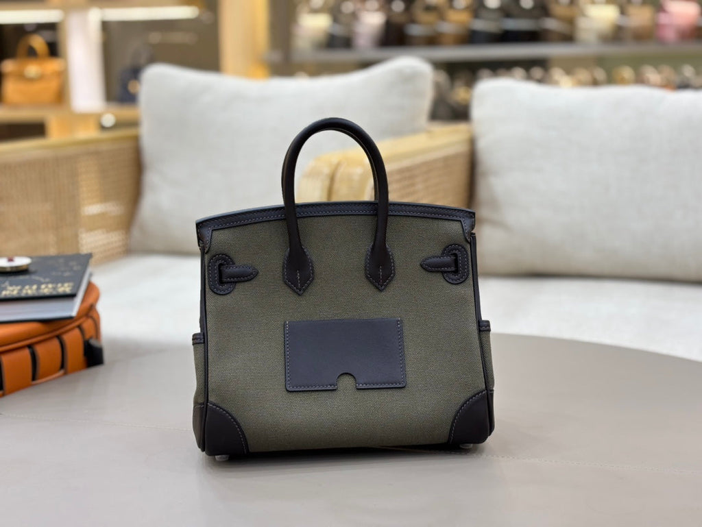 HM 25S BIRKIN CARGO 25 CM IN DARK MOSS GREEN CANVAS AND DARK BROWN SWIFT WITH SILVER HARDWARE