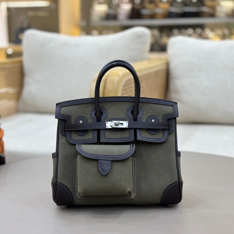 HM 25S BIRKIN CARGO 25 CM IN DARK MOSS GREEN CANVAS AND DARK BROWN SWIFT WITH SILVER HARDWARE