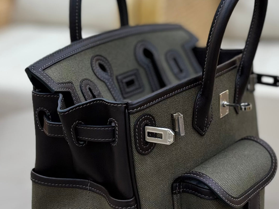 HM 25S BIRKIN CARGO 25 CM IN DARK MOSS GREEN CANVAS AND DARK BROWN SWIFT WITH SILVER HARDWARE