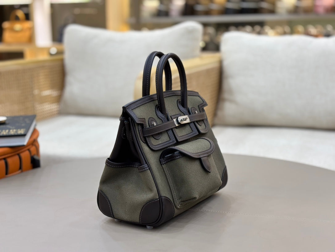 HM 25S BIRKIN CARGO 25 CM IN DARK MOSS GREEN CANVAS AND DARK BROWN SWIFT WITH SILVER HARDWARE