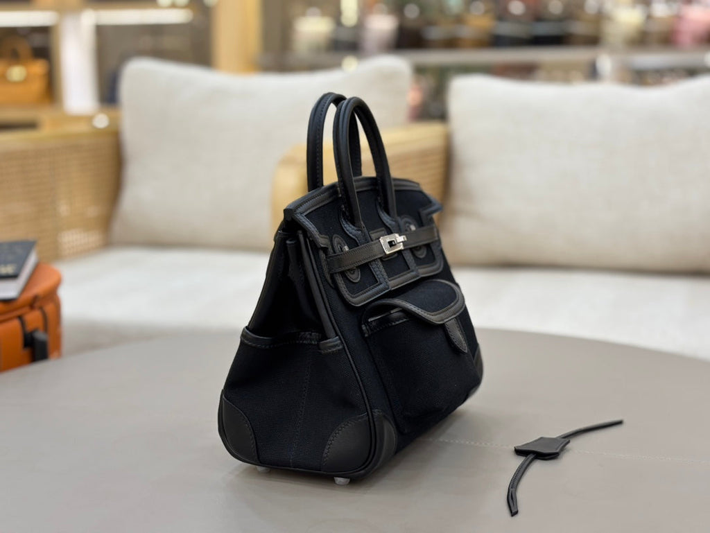 HM 25S BIRKIN CARGO 25 CM IN BLACK CANVAS AND SWIFT WITH SILVER HARDWARE
