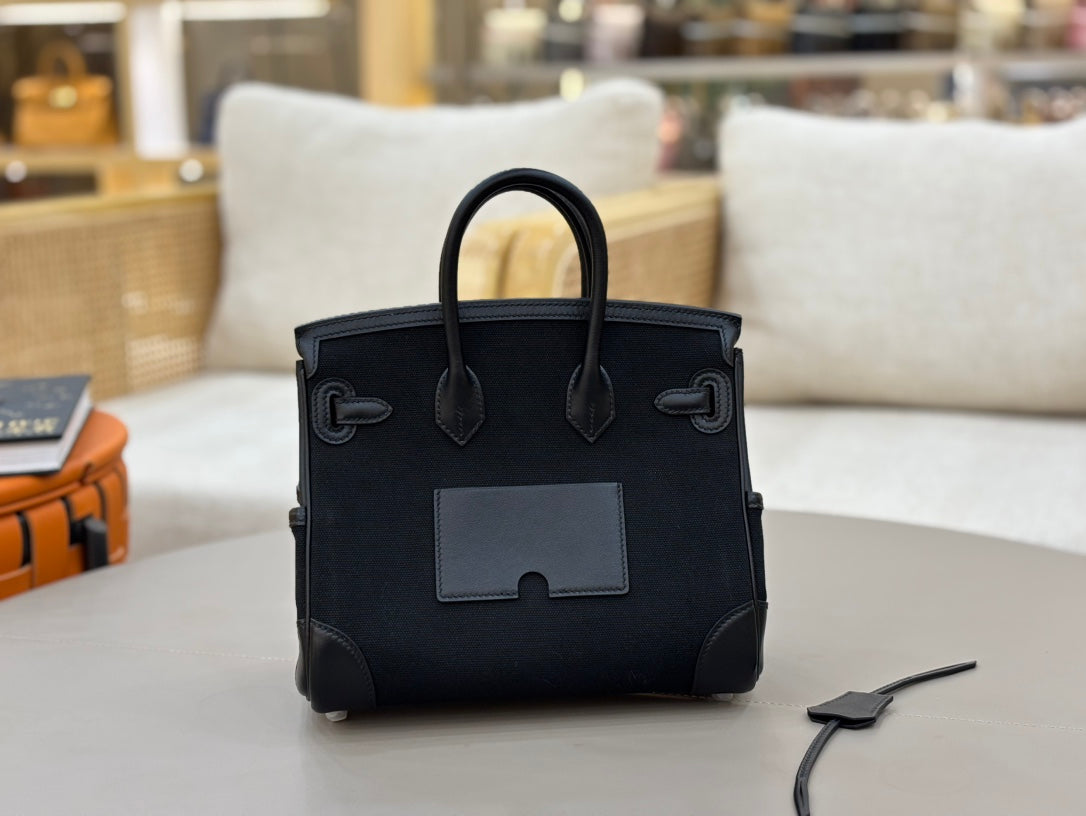HM 25S BIRKIN CARGO 25 CM IN BLACK CANVAS AND SWIFT WITH SILVER HARDWARE