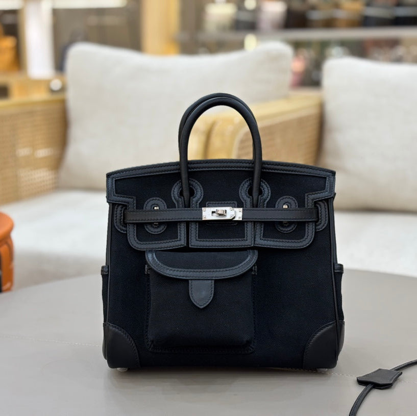 HM 25S BIRKIN CARGO 25 CM IN BLACK CANVAS AND SWIFT WITH SILVER HARDWARE