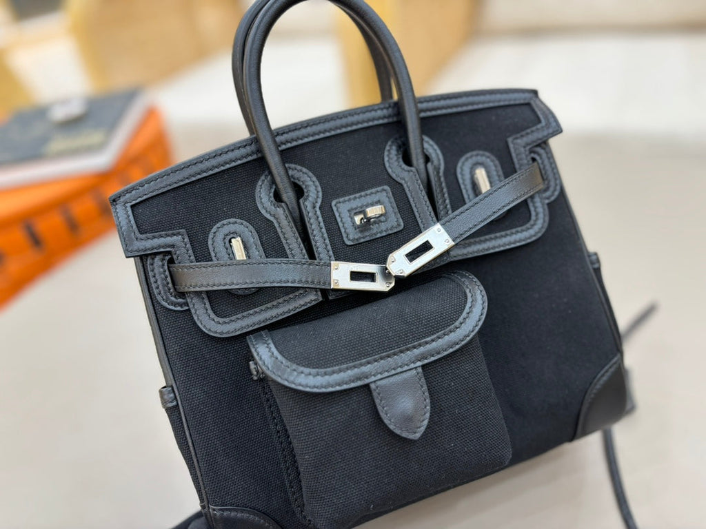 HM 25S BIRKIN CARGO 25 CM IN BLACK CANVAS AND SWIFT WITH SILVER HARDWARE