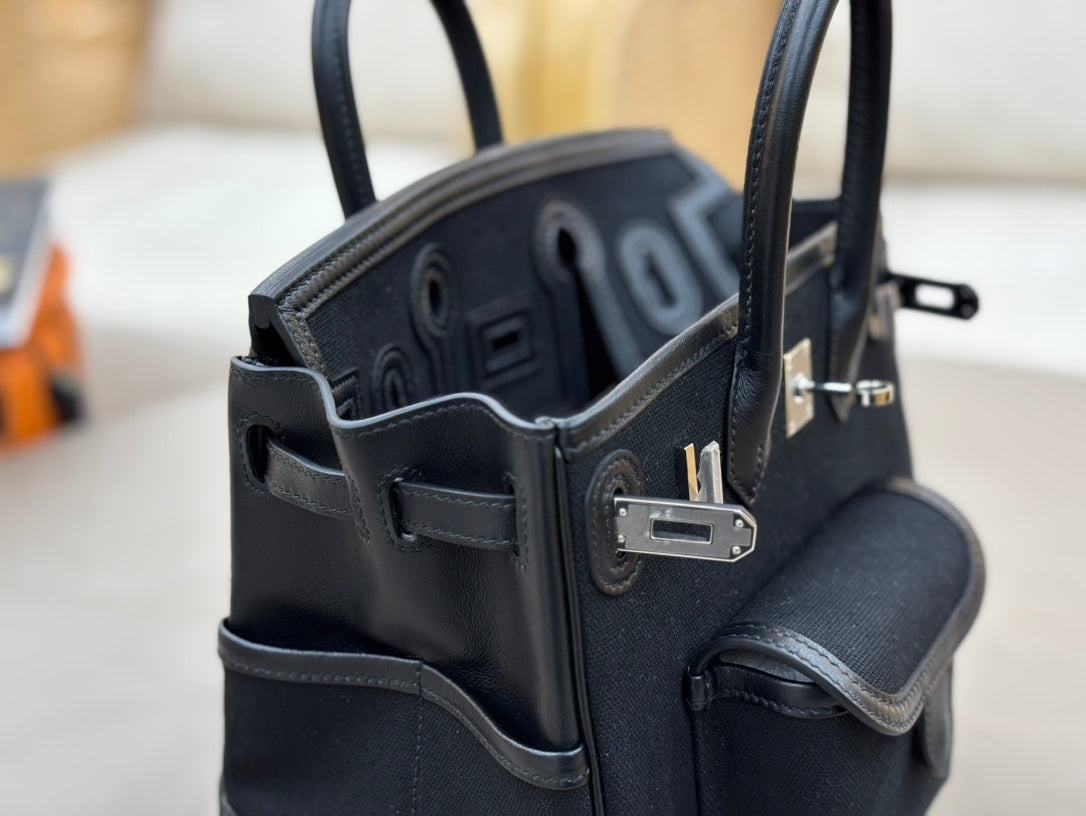 HM 25S BIRKIN CARGO 25 CM IN BLACK CANVAS AND SWIFT WITH SILVER HARDWARE