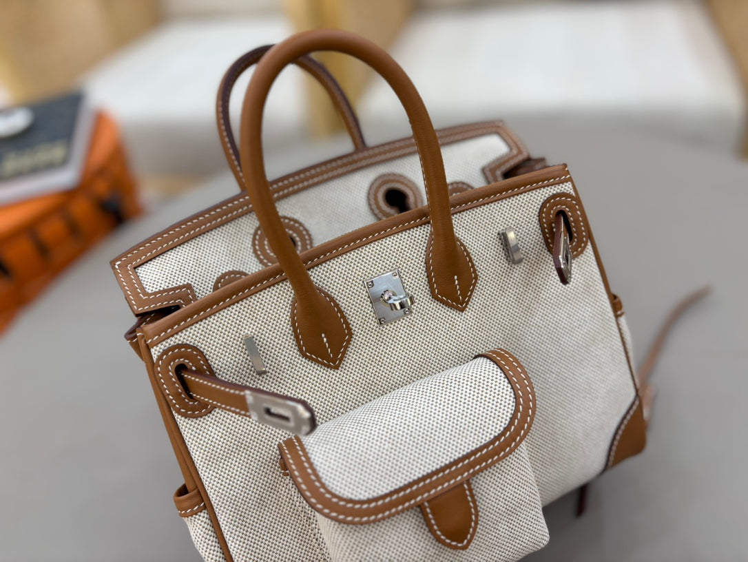 HM 25S BIRKIN CARGO 25 CM IN OFF-WHITE CANVAS AND BROWN SWIFT WITH SILVER HARDWARE