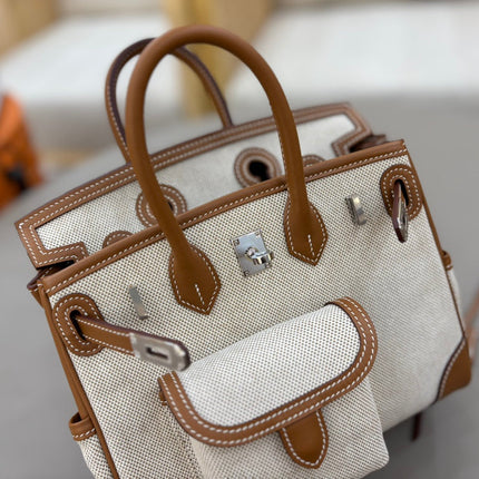 HM 25S BIRKIN CARGO 25 CM IN OFF-WHITE CANVAS AND BROWN SWIFT WITH SILVER HARDWARE