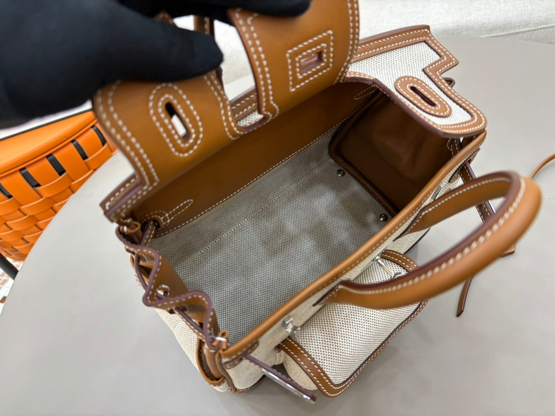 HM 25S BIRKIN CARGO 25 CM IN OFF-WHITE CANVAS AND BROWN SWIFT WITH SILVER HARDWARE