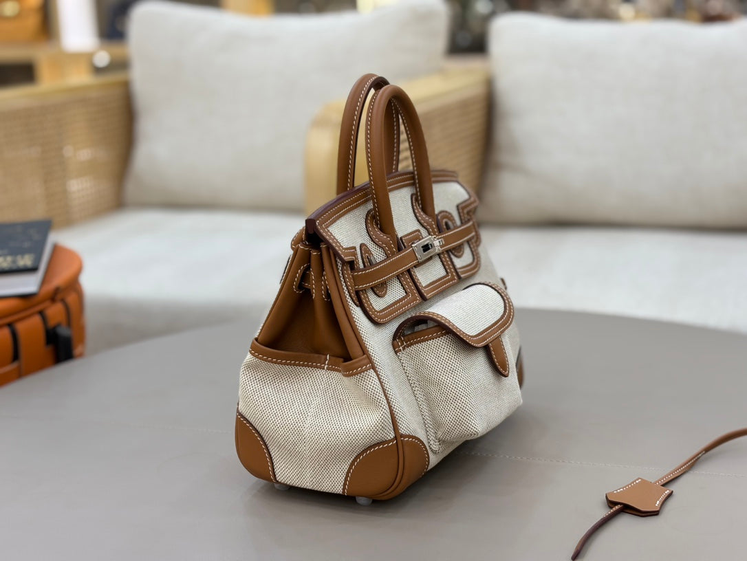 HM 25S BIRKIN CARGO 25 CM IN OFF-WHITE CANVAS AND BROWN SWIFT WITH SILVER HARDWARE