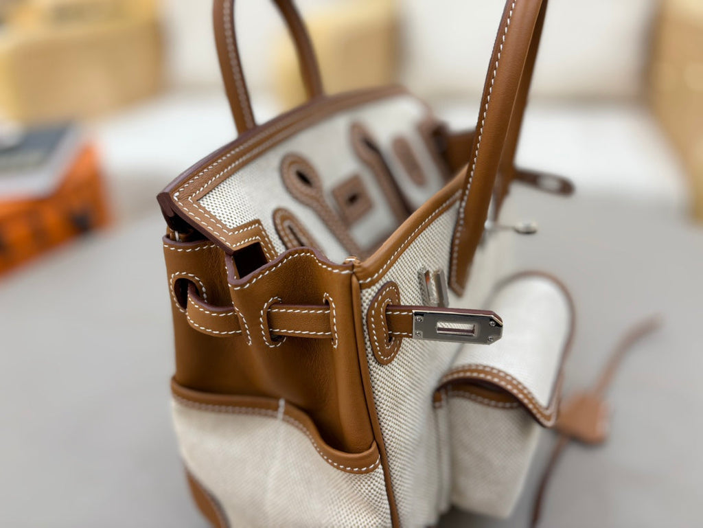 HM 25S BIRKIN CARGO 25 CM IN OFF-WHITE CANVAS AND BROWN SWIFT WITH SILVER HARDWARE