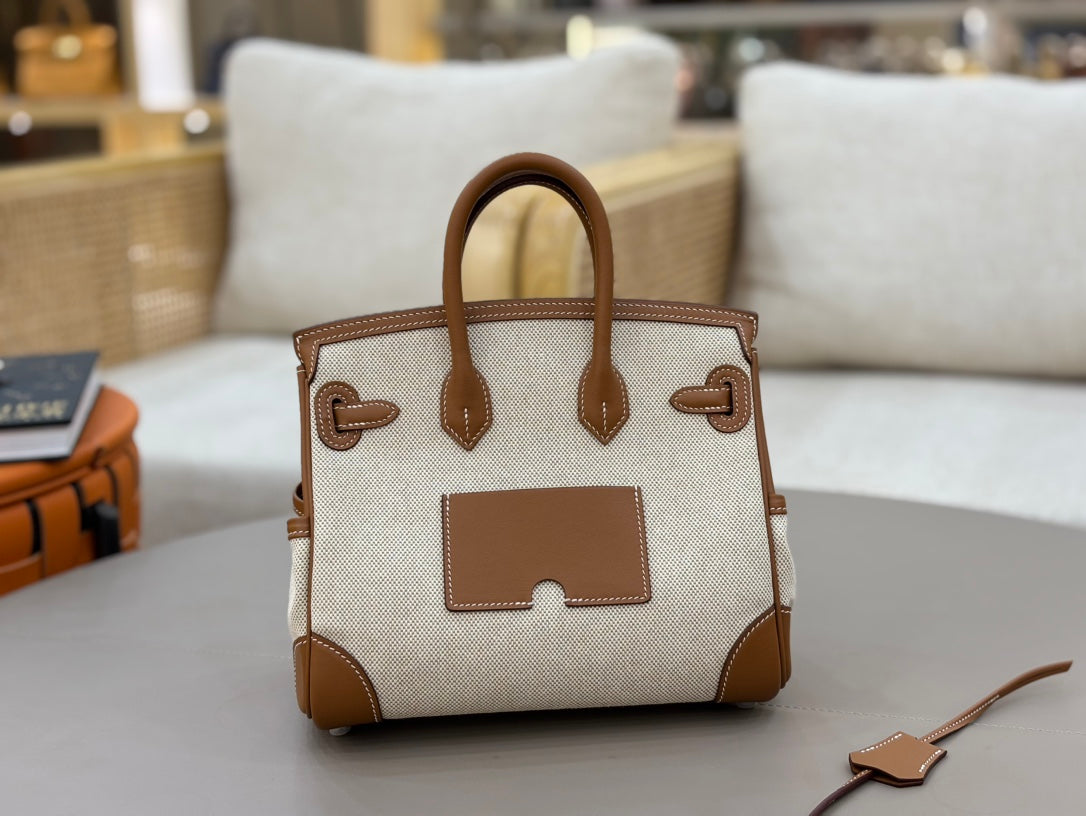 HM 25S BIRKIN CARGO 25 CM IN OFF-WHITE CANVAS AND BROWN SWIFT WITH SILVER HARDWARE
