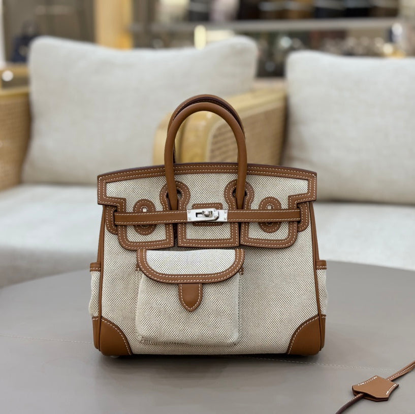 HM 25S BIRKIN CARGO 25 CM IN OFF-WHITE CANVAS AND BROWN SWIFT WITH SILVER HARDWARE