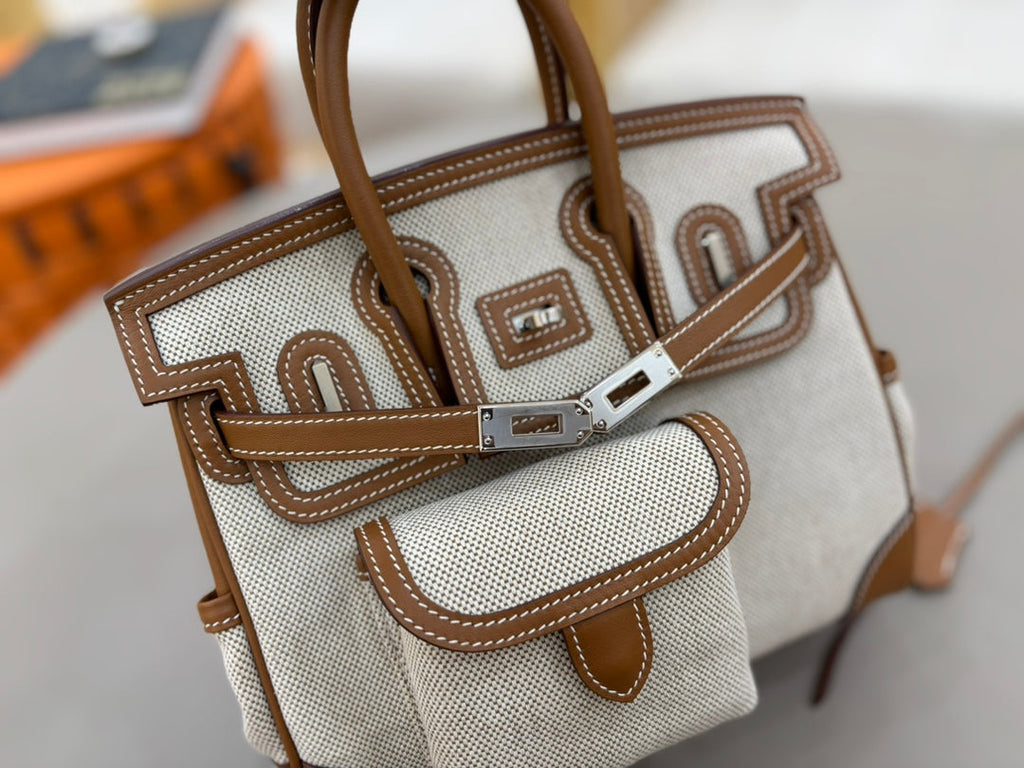 HM 25S BIRKIN CARGO 25 CM IN OFF-WHITE CANVAS AND BROWN SWIFT WITH SILVER HARDWARE