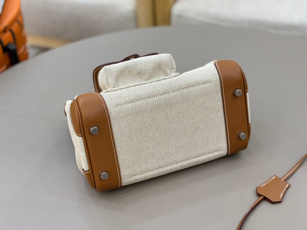 HM 25S BIRKIN CARGO 25 CM IN OFF-WHITE CANVAS AND BROWN SWIFT WITH SILVER HARDWARE