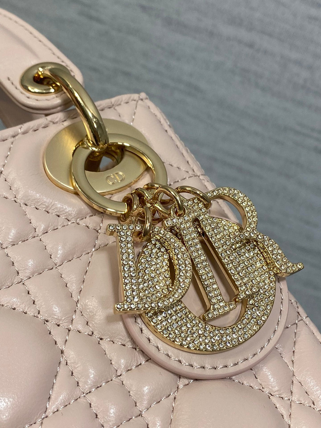 DIOR 25S MINI LADY DIOR BAG 17 IN PINK CALFSKIN CHARM CRYSTAL EMBELLISHMENTS