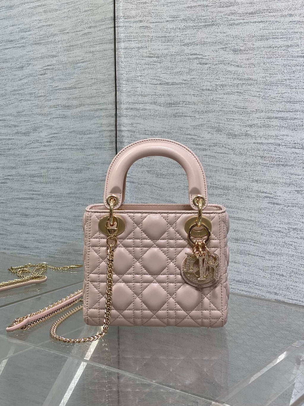 DIOR 25S MINI LADY DIOR BAG 17 IN PINK CALFSKIN CHARM CRYSTAL EMBELLISHMENTS