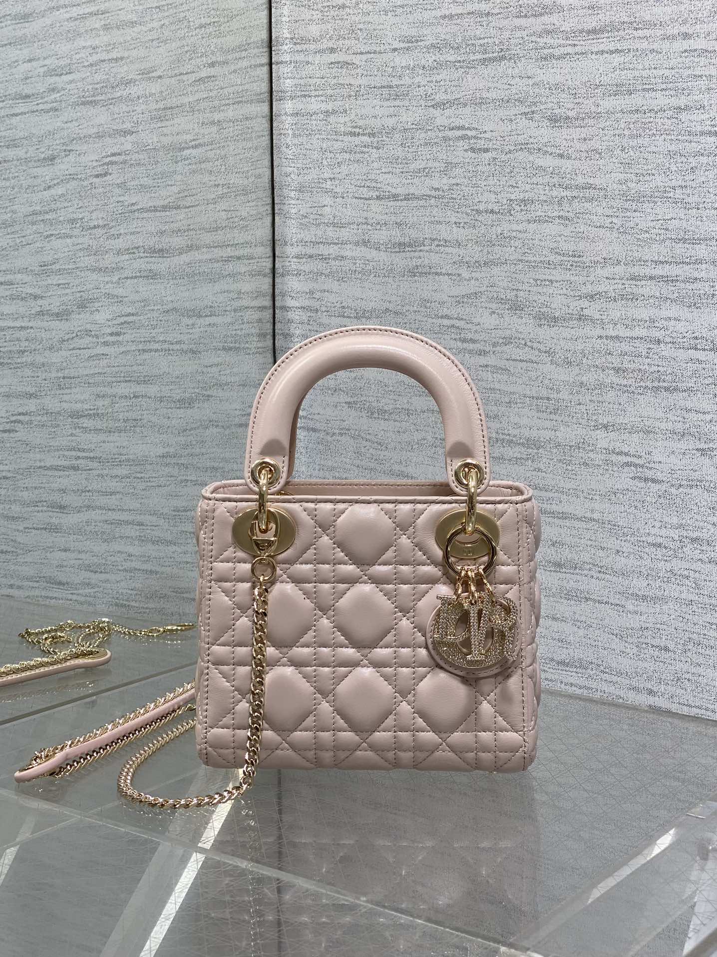 DIOR 25S MINI LADY DIOR BAG 17 IN PINK CALFSKIN CHARM CRYSTAL EMBELLISHMENTS