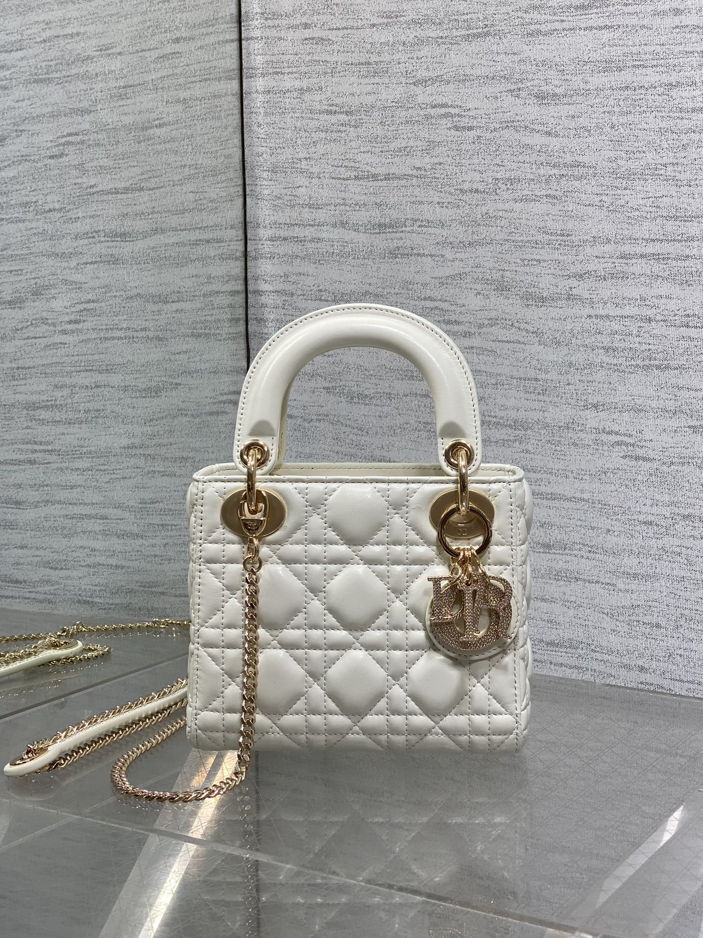 DIOR 25S MINI LADY DIOR BAG 17 IN IVORY CALFSKIN CHARM CRYSTAL EMBELLISHMENTS
