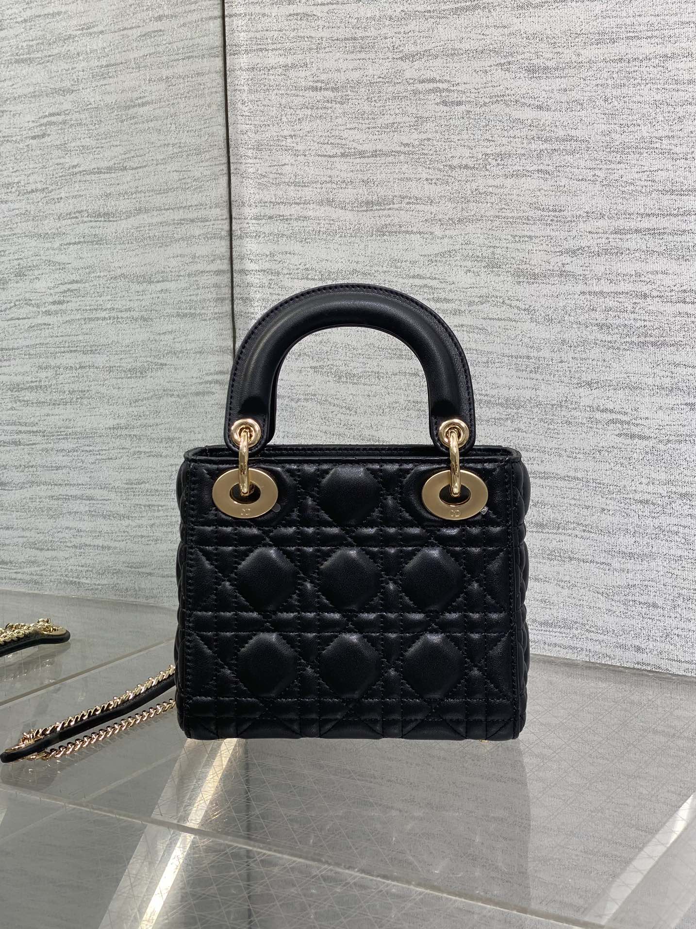 DIOR 25S MINI LADY DIOR BAG 17 IN BLACK CALFSKIN CHARM CRYSTAL EMBELLISHMENTS