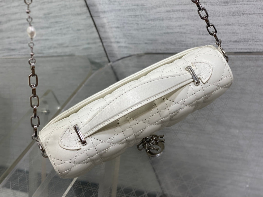DIOR 25S DIOR TALK PHONE POUCH 21 IN WHITE CANNAGE LAMBSKIN SILVER HARDWARE