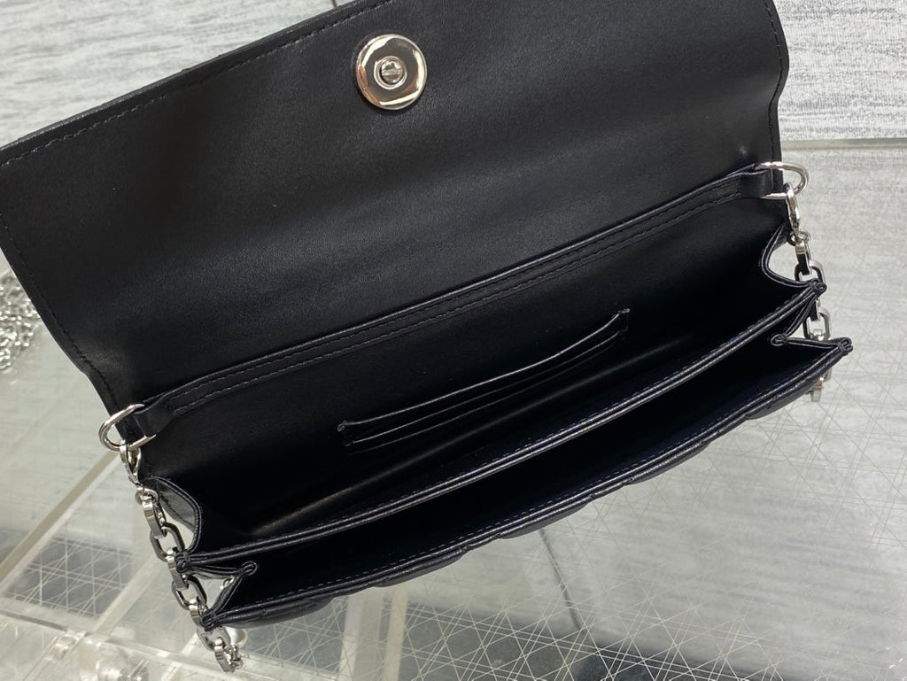 DIOR 25S DIOR TALK PHONE POUCH 21 IN BLACK CANNAGE LAMBSKIN SILVER HARDWARE