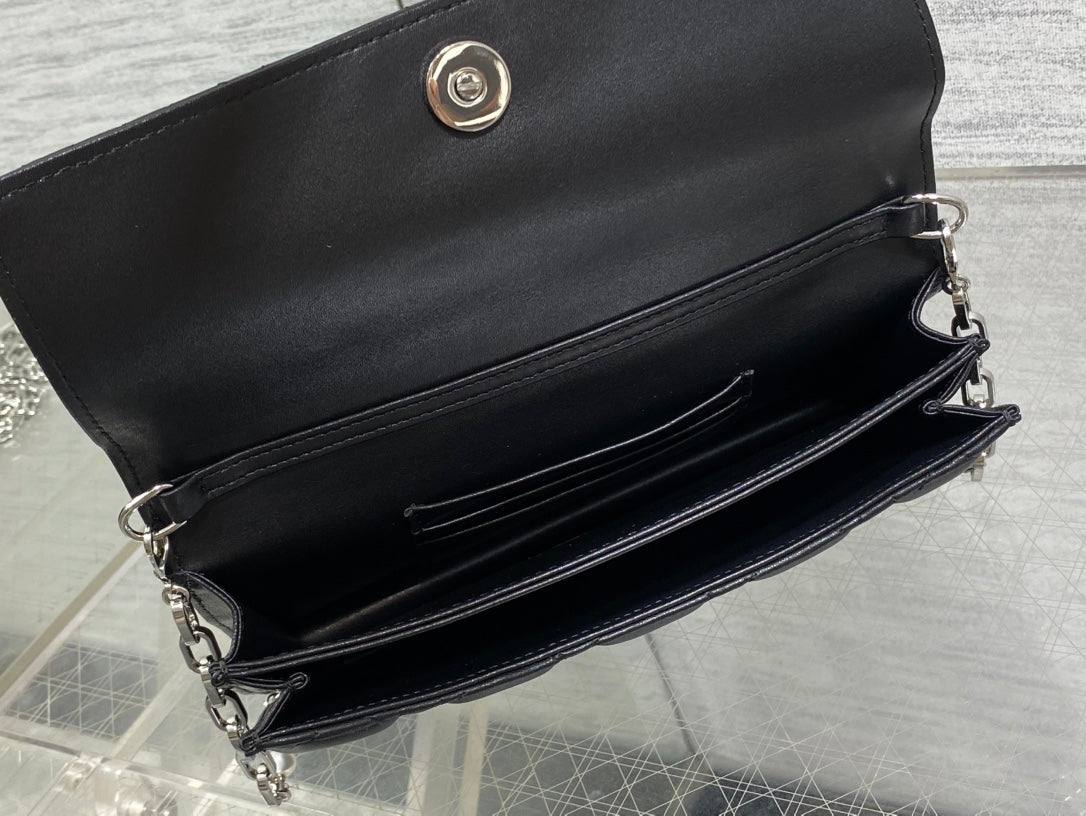 DIOR 25S DIOR TALK PHONE POUCH 21 IN BLACK CANNAGE LAMBSKIN SILVER HARDWARE