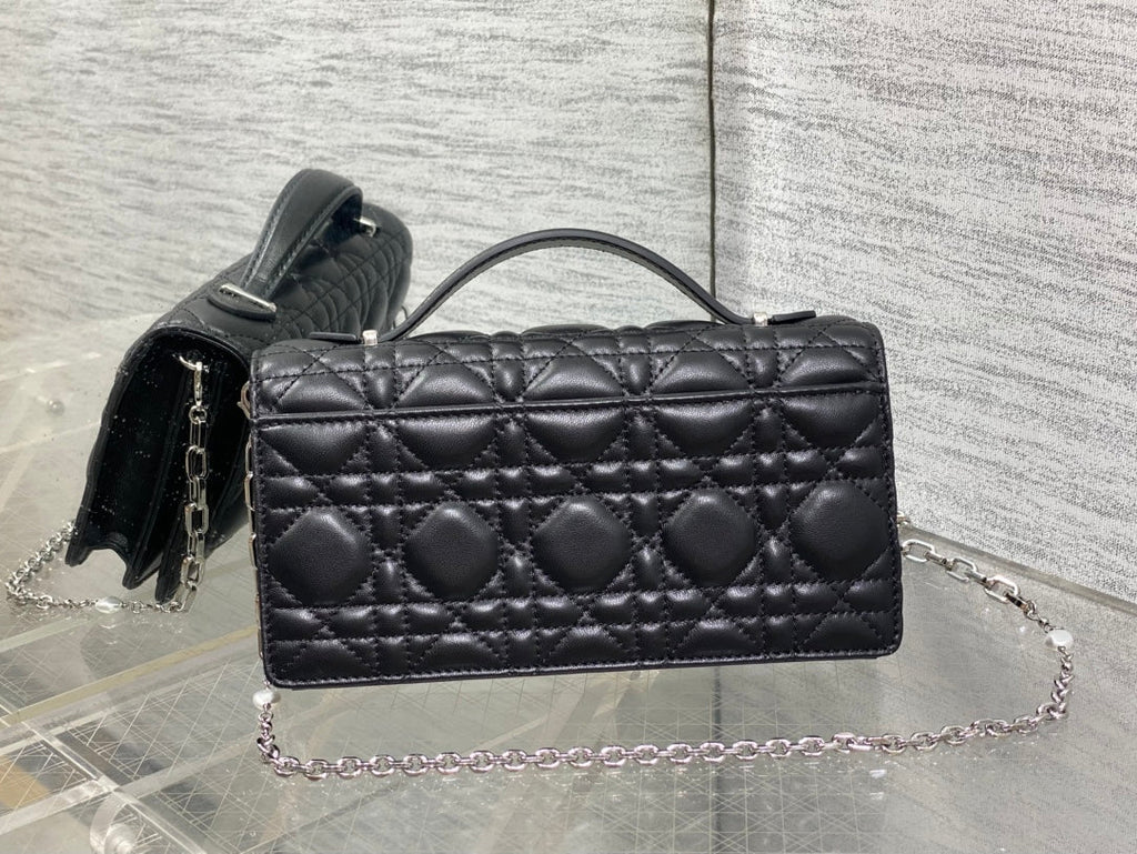 DIOR 25S DIOR TALK PHONE POUCH 21 IN BLACK CANNAGE LAMBSKIN SILVER HARDWARE