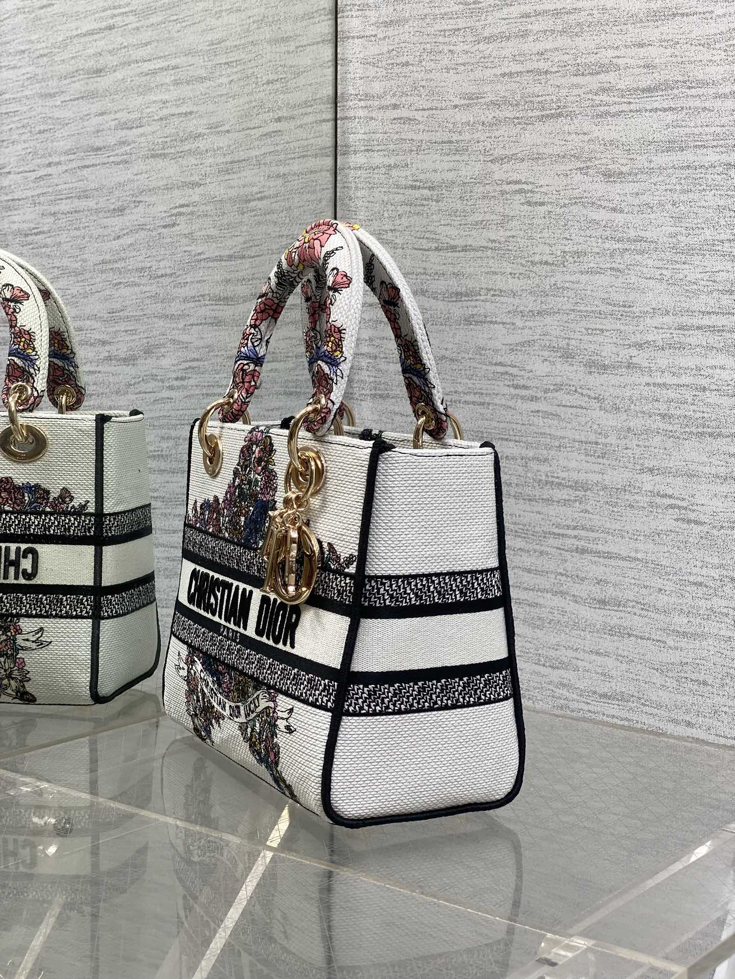 DIOR 25S SMALL LADY D-LITE BAG 24 IN WHITE RED DIOR STAR EMBROIDERY