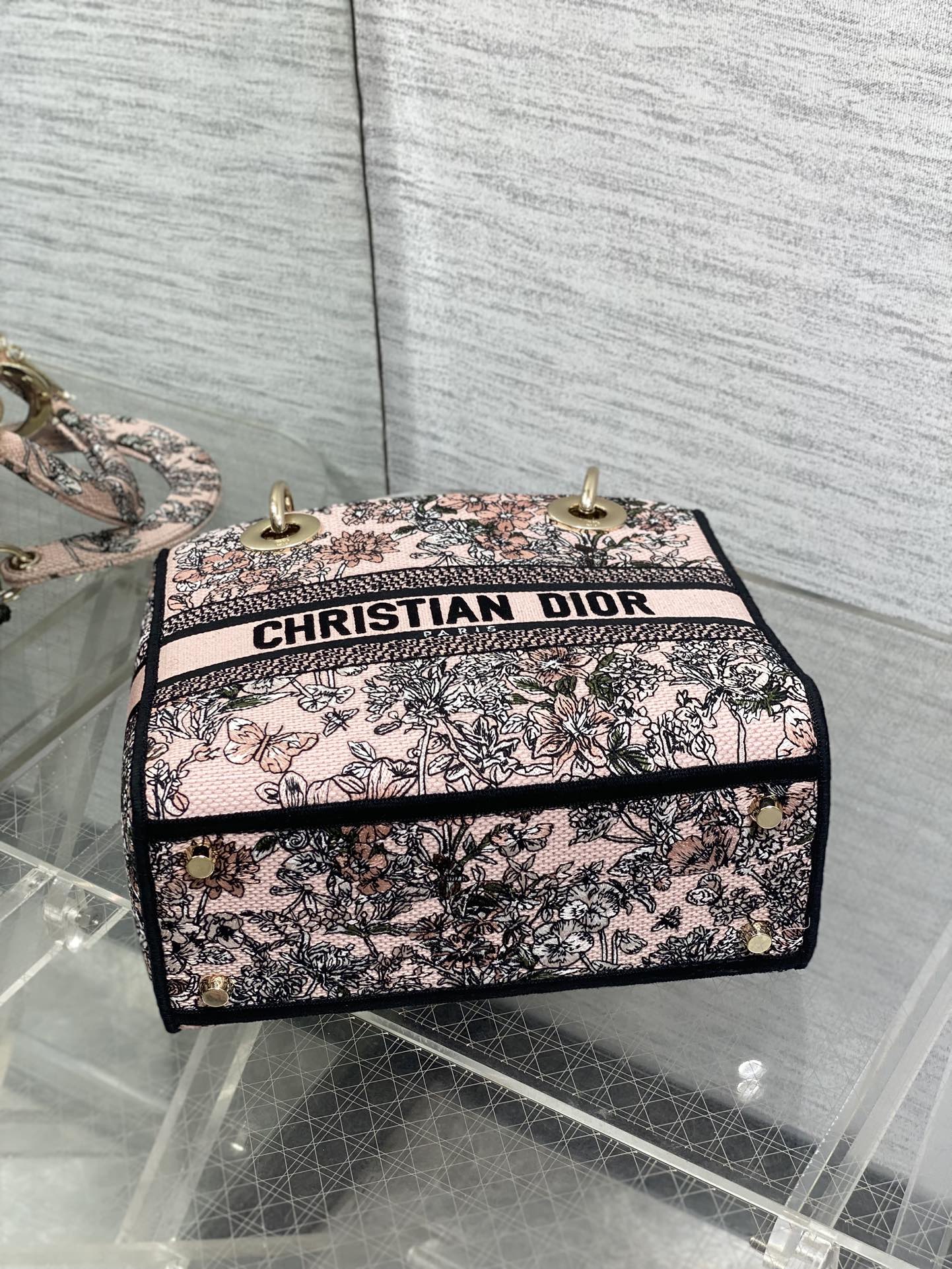 DIOR 25S SMALL LADY D-LITE BAG 24 IN PINK DIOR FLOWERS CALENDAR ALLOVER EMBROIDERY