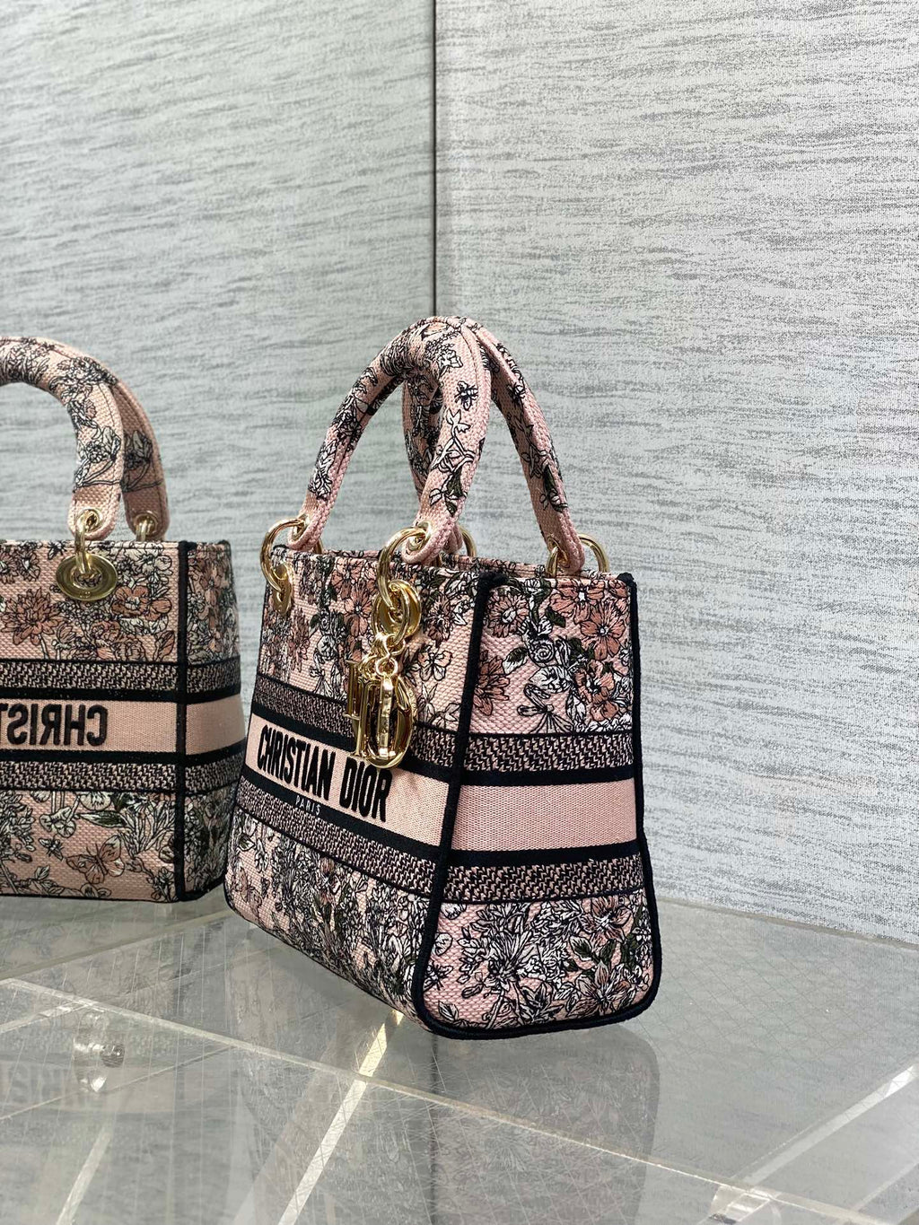 DIOR 25S SMALL LADY D-LITE BAG 24 IN PINK DIOR FLOWERS CALENDAR ALLOVER EMBROIDERY