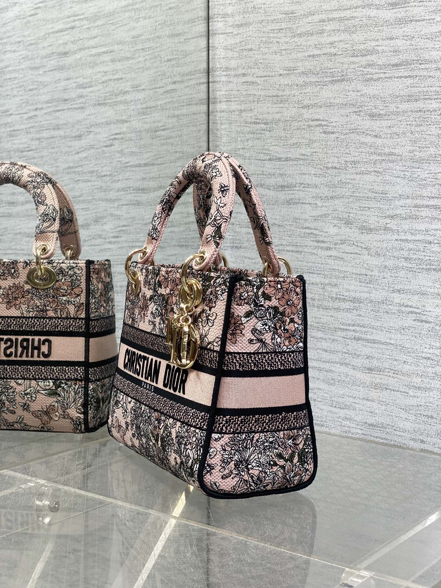 DIOR 25S SMALL LADY D-LITE BAG 24 IN PINK DIOR FLOWERS CALENDAR ALLOVER EMBROIDERY