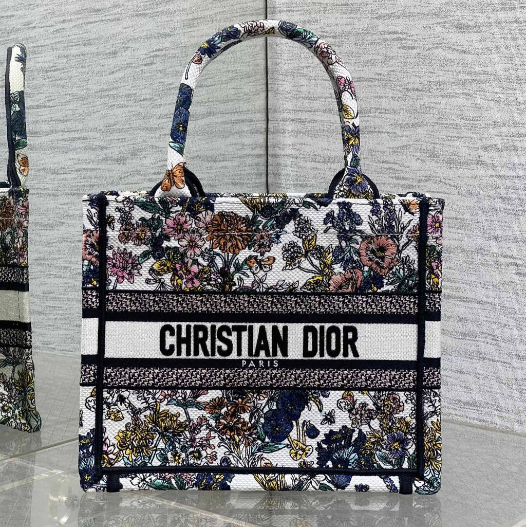 DIOR 25S LUCKY SMALL DIOR BOOK TOTE 26 IN MULTICOLOR DIOR FLOWERS CALENDAR ALLOVER EMBROIDERY