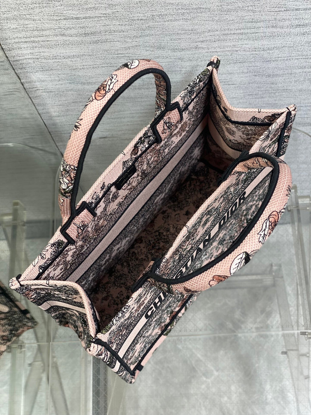 DIOR 25S LUCKY MEDIUM DIOR BOOK TOTE 36 IN PINK MULTICOLOR DIOR FLOWERS CALENDAR ALLOVER EMBROIDERY
