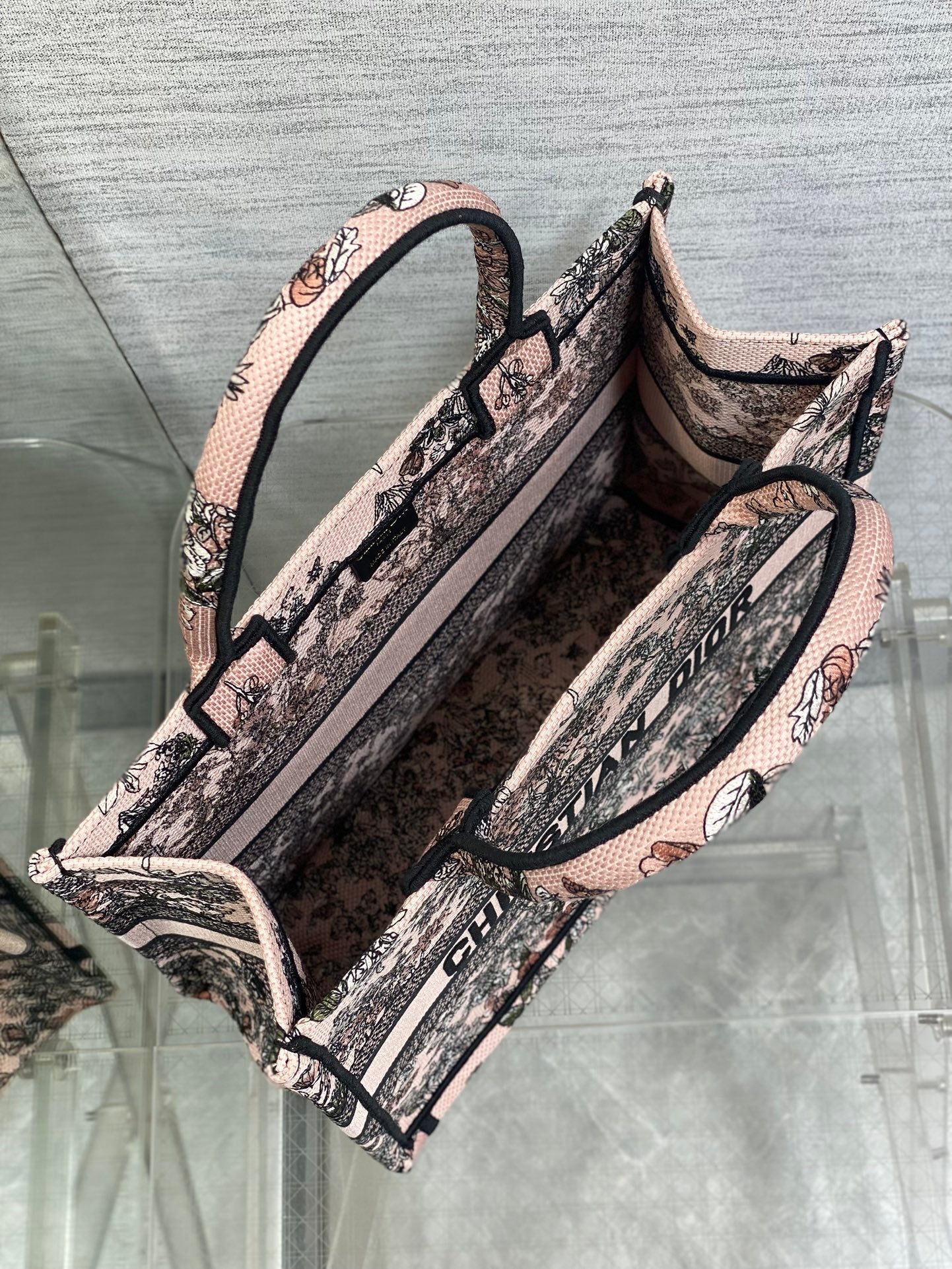 DIOR 25S LUCKY MEDIUM DIOR BOOK TOTE 36 IN PINK MULTICOLOR DIOR FLOWERS CALENDAR ALLOVER EMBROIDERY