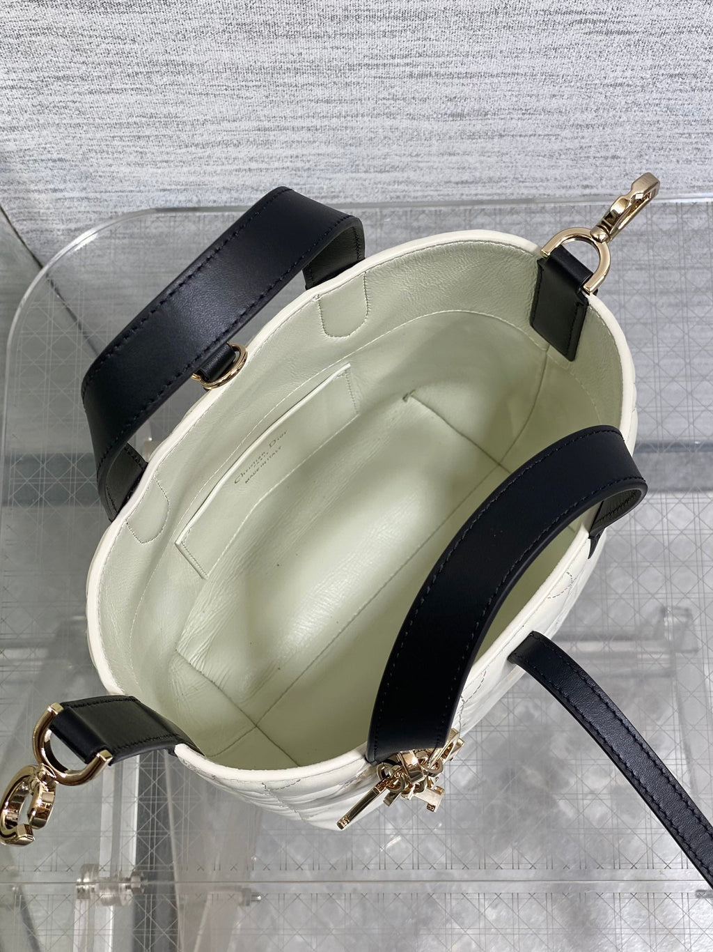 DIOR 25S TOUJOURS VERTICAL NANO TOTE BAG 18 IN IVORY BLACK MACROCANNAGE CALFSKIN