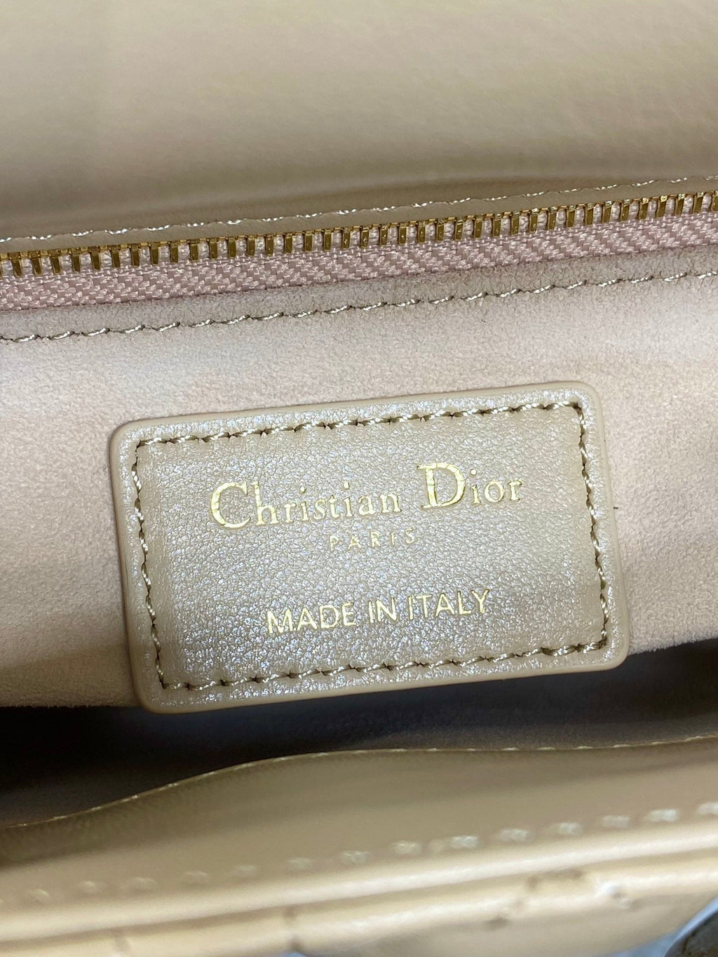 DIOR 25S MINI LADY DIOR BAG 17 IN BISCUIT CALFSKIN CHARM CRYSTAL EMBELLISHMENTS