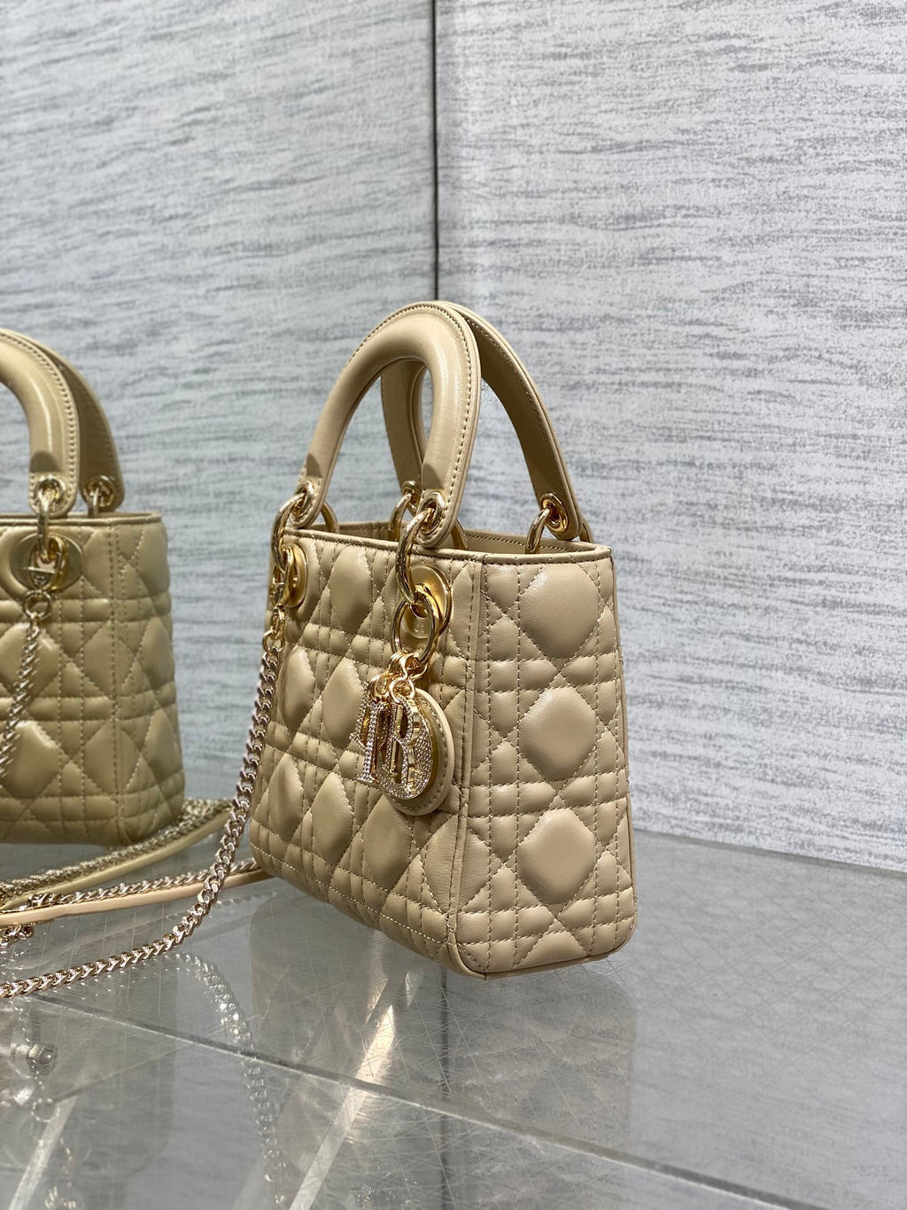 DIOR 25S MINI LADY DIOR BAG 17 IN BISCUIT CALFSKIN CHARM CRYSTAL EMBELLISHMENTS