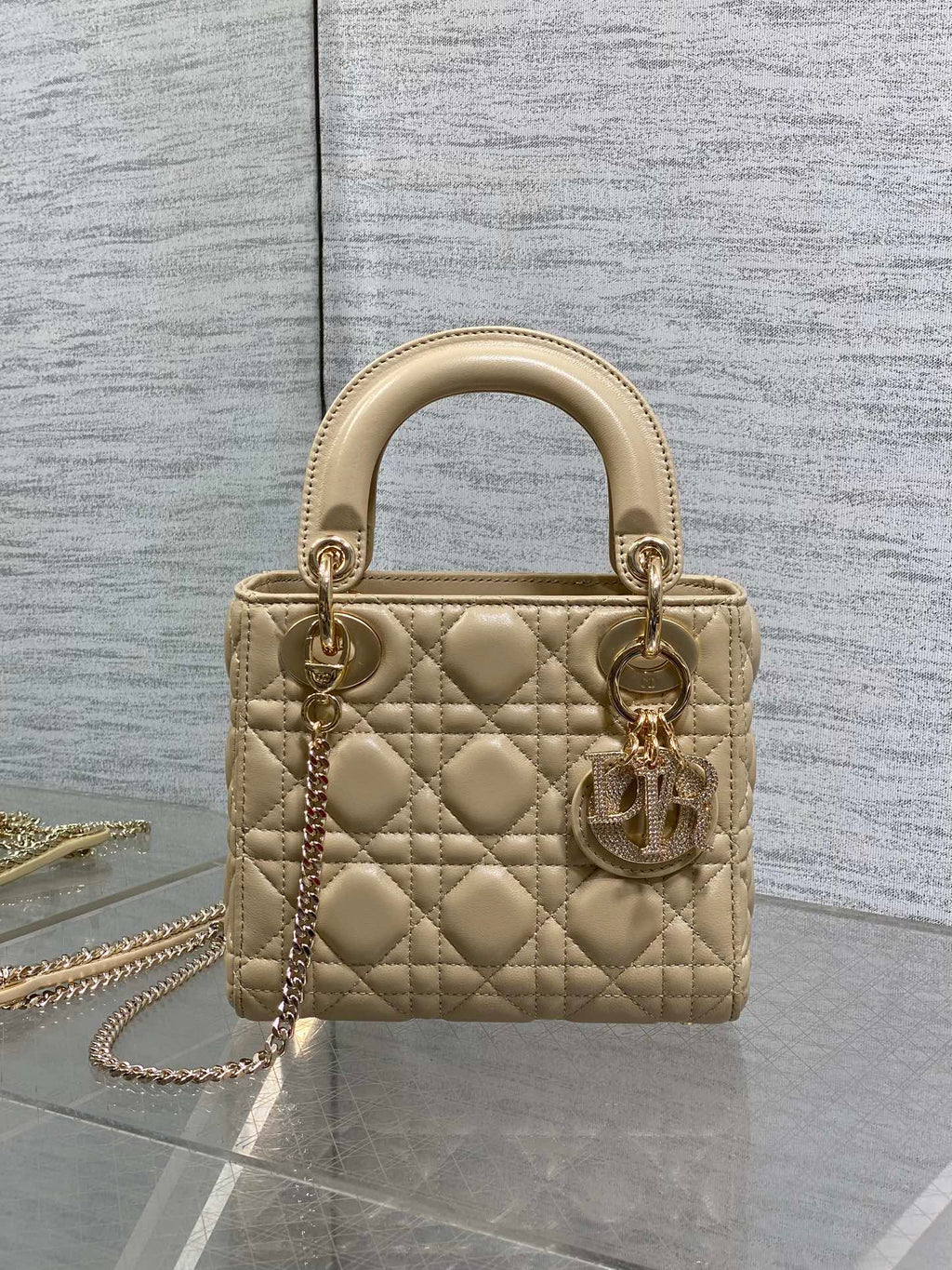 DIOR 25S MINI LADY DIOR BAG 17 IN BISCUIT CALFSKIN CHARM CRYSTAL EMBELLISHMENTS