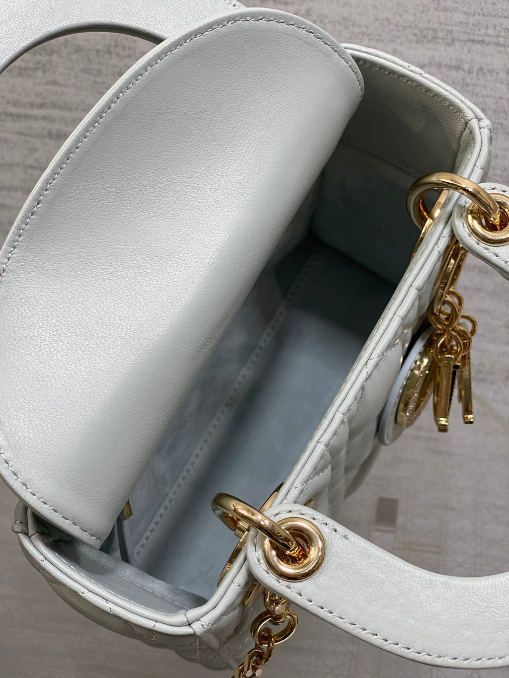 DIOR 25S MINI LADY DIOR BAG 17 IN LIGHT BLUE CALFSKIN CHARM CRYSTAL EMBELLISHMENTS