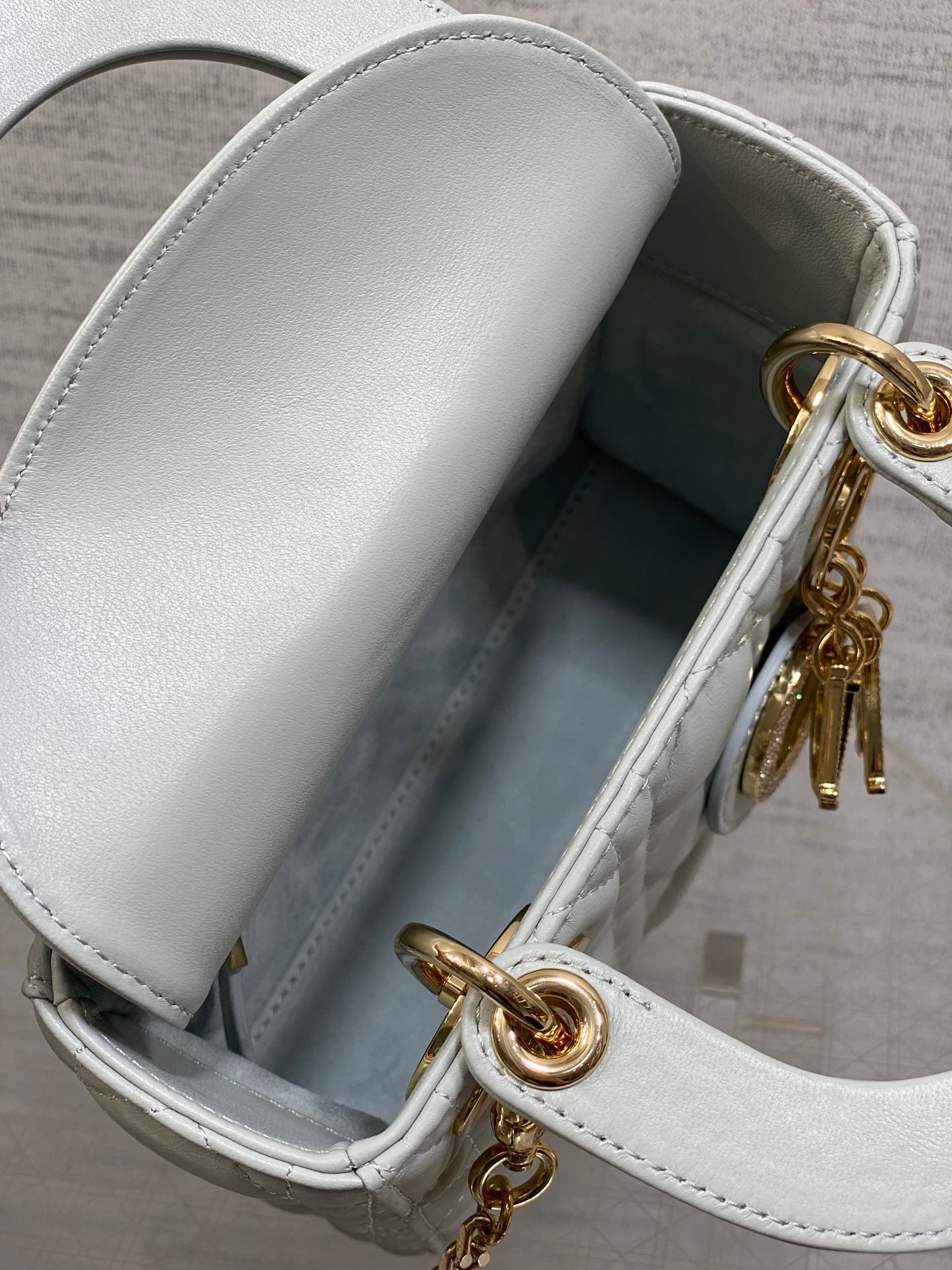 DIOR 25S MINI LADY DIOR BAG 17 IN LIGHT BLUE CALFSKIN CHARM CRYSTAL EMBELLISHMENTS