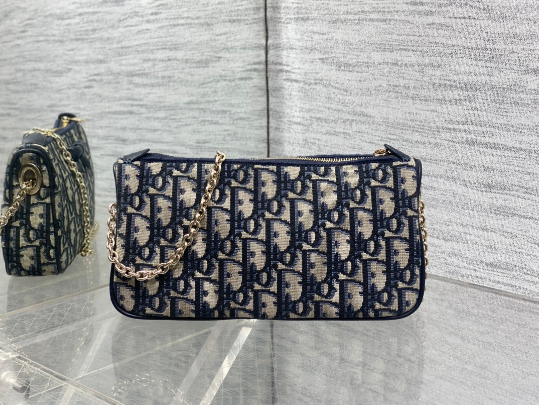 DIOR 26S PROMENADE BAG 22 IN NAVY BLUE AND BEIGE OBLIQUE JACQUARD