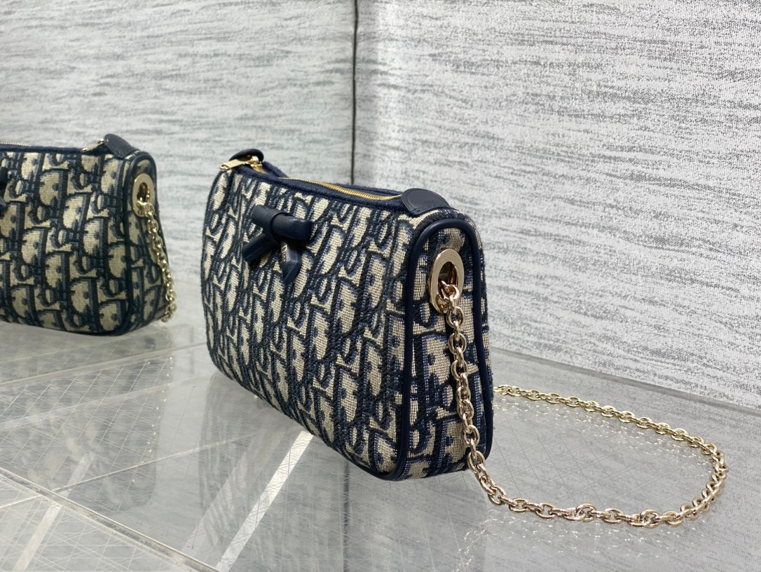 DIOR 26S PROMENADE BAG 22 IN NAVY BLUE AND BEIGE OBLIQUE JACQUARD