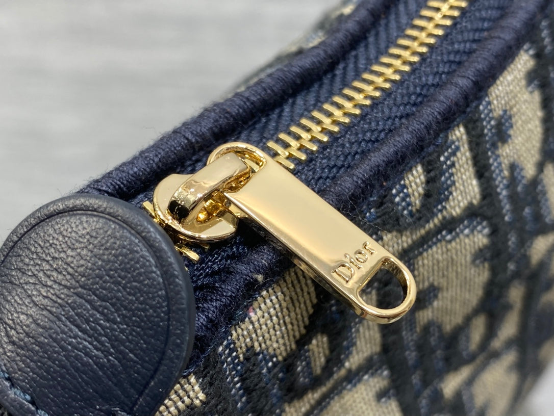 DIOR 26S PROMENADE BAG 22 IN NAVY BLUE AND BEIGE OBLIQUE JACQUARD