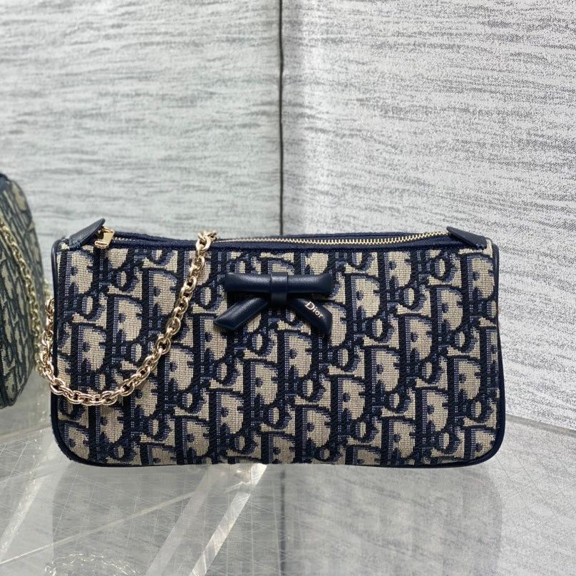 DIOR 26S PROMENADE BAG 22 IN NAVY BLUE AND BEIGE OBLIQUE JACQUARD